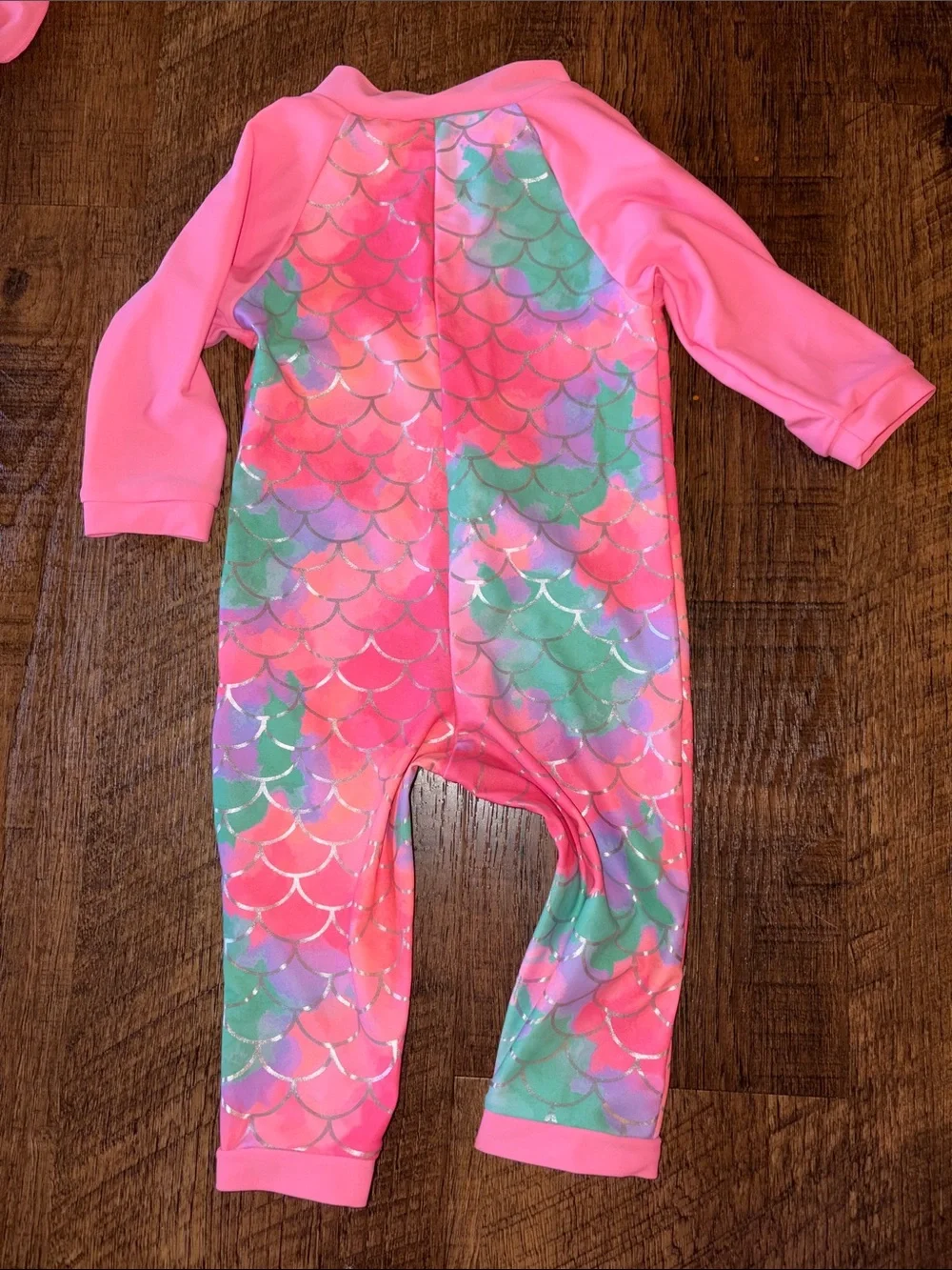 Kids Pink Mermaid Print Rash Guard Swimsuit with Sun Hat - 6-12 Months